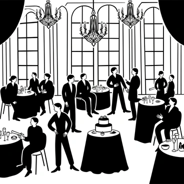 An elegant vampire ball with guests dressed in dark, luxurious attire