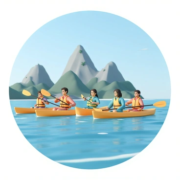 A group of four people, two men and two women, kayaking in a vibrant blue ocean. They are all wearing life jackets in bright colors, with one man in a red jacket and the other in orange. One woman is in a blue jacket, while the other wears a green one. Each kayak is bright yellow, and they are paddling in sync. In the background, tall, rugged mountains rise against a clear blue sky, partially covered with patches of green vegetation. The ocean has gentle waves, and sunlight glints off the water’s surface.