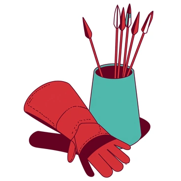 A pair of red sturdy archer's gloves is placed beside a teal quiver filled with various arrows. The gloves are detailed with stitching and reinforced padding, showcasing their durability. The quiver stands upright, and the arrows protrude from the top, featuring fletchings in contrasting colors. The background is neutral, emphasizing the gloves and quiver as the central focus of the image.