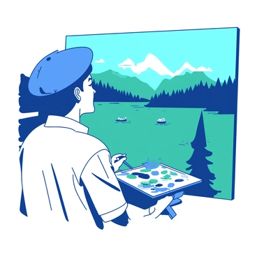 A street artist wearing a blue beret and a white shirt is standing in front of an easel, painting a landscape scene of Annecy's lake and mountains. The artist is holding a brush in their right hand, with vibrant colors on the palette resting on the easel. The lake is depicted in the background, surrounded by lush green trees and the majestic mountains rising in the distance. A few white clouds are scattered across the teal sky, adding depth to the scene. There are small boats floating on the lake, creating a sense of movement in the tranquil water.