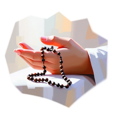A close-up image of a hand with light skin gently holding a rosary. The beads of the rosary are made of dark wood, and they are flowing gracefully through the fingers. Each bead is distinct and smooth, catching the light subtly. The hand is positioned in a way that conveys a sense of reverence, with the thumb resting against one of the beads. In the background, there is a soft blur that suggests a tranquil setting.