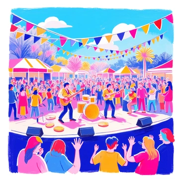 A vibrant scene at a music festival features a stage with musicians playing various instruments. There are guitarists, a drummer, and a singer in the spotlight. The crowd is filled with people dancing and enjoying the performance, raising their hands in excitement. Colorful flags and banners are strung above the audience, adding to the festive atmosphere. The background shows bright blue skies with a few fluffy white clouds. There are also food stalls and people socializing, creating a lively and energetic environment.