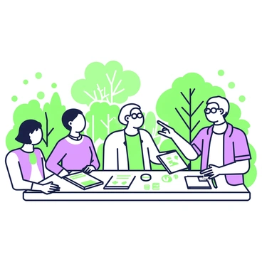 A group of stakeholders is gathered in an outdoor setting, surrounded by lush greenery. They are seated at a long rectangular table made of natural wood. The table is covered with several environmental impact reports, which are open and spread out for review. One stakeholder, a middle-aged man with glasses, is pointing to a chart in one of the reports, while a woman next to him takes notes on a notepad. To the left, another stakeholder, an older woman with short hair, is examining a document closely. In the background, tall trees and vibrant shrubs create a serene atmosphere, and the sunlight filters through the leaves, casting dappled shadows on the group.