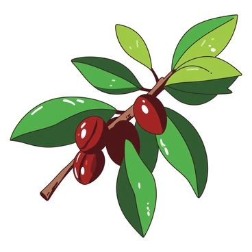 A close-up view of a branch with shiny coffee beans still attached, showcasing their rich, deep color. The branch is surrounded by vivid green leaves that contrast with the dark coffee beans. The leaves are glossy, reflecting light, and provide a lush backdrop for the coffee beans, emphasizing their ripeness and freshness. The composition captures the natural textures and details of the beans and leaves, highlighting the organic beauty of this coffee plant.