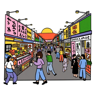 A bustling street market in Kobe, filled with vibrant stalls. Each stall is adorned with colorful banners and displays, showcasing an array of aromatic street food. There are vendors cooking on grills, with smoke rising and enticing scents wafting through the air. People of various backgrounds are walking around, some stopping to admire the food, while others are chatting and laughing with friends. The scene is lively, with bright lights illuminating the market as the sun sets in the background.