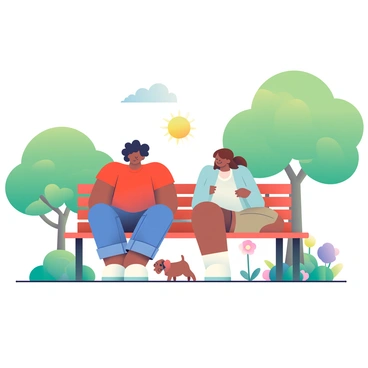 Two individuals of different ethnicities are seated on a wooden park bench engaged in a friendly conversation. One person has curly black hair and is wearing a bright red t-shirt with denim jeans. The other person has straight brown hair tied back and is dressed in a light blue blouse and khaki shorts. Surrounding them are lush green trees and blooming flowers in various colors. The sun is shining, casting gentle shadows on the ground, and a small dog is playfully sniffing around their feet.