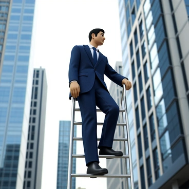 A businessman with short black hair, wearing a tailored navy blue suit and a crisp white shirt, is climbing a metallic ladder. He has a focused expression on his face as he ascends. The ladder is positioned against a backdrop of modern office buildings with large glass windows that reflect the sky. The buildings vary in height, creating a dynamic urban skyline. The scene captures a sense of ambition and progress in a bustling city environment.