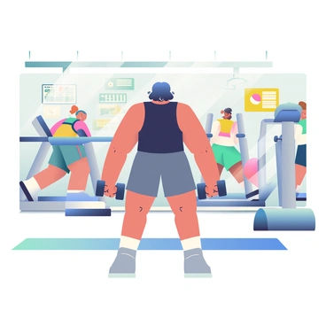 A person with dark hair is lifting free weights in a bustling fitness center. They are wearing a fitted black tank top and gray shorts. The fitness center is filled with various gym equipment, including treadmills and weight machines in the background. There are people exercising nearby, including someone running on a treadmill and another person doing push-ups on a mat. Bright overhead lights illuminate the space, and there are motivational posters on the walls. The atmosphere is active, with the sounds of weights clinking and people chatting.