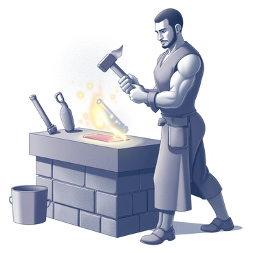 A skilled blacksmith stands at a sturdy anvil, hammer in hand, focused on shaping a legendary weapon. The blacksmith's muscular arms are in motion, striking a glowing piece of metal that emits bright sparks with each blow. Surrounding the workspace, tools of the trade such as tongs and a quenching bucket are positioned for easy reach. The forge itself is alive with flames, casting shadows on the stone walls. The atmosphere is filled with the sound of metal striking metal and the heat radiating from the forge. The blacksmith's determined expression reveals the dedication to their craft.