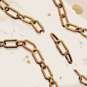 A close-up of broken metal chains scattered on a textured gray ground. The chains are rusty with a few glimmers of sunlight reflecting off the broken links. Pieces of soil and small pebbles are visible around the chains, emphasizing the ruggedness of the ground. The focus is on the gaps in the chains, symbolizing "liberation" and "freedom."