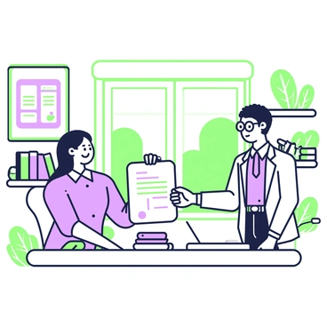 A smiling lawyer is handing a signed contract of indemnity to a happy client in a cozy office setting. The lawyer is wearing a professional suit and has glasses perched on their nose, exuding confidence and warmth. The client, dressed in casual business attire, has an expression of satisfaction and relief. The office is decorated with wooden shelves filled with legal books and green plants. A large window allows natural light to flood the room, illuminating a desk with a laptop and a few scattered papers. A framed certificate hangs on the wall behind the lawyer, adding to the professional atmosphere.