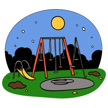 A deserted playground under a clear night sky, illuminated by soft moonlight casting gentle shadows. The playground features empty swings swaying slightly, a brightly colored slide, and a roundabout standing still. The moonlight reflects off the metallic surfaces of the equipment, enhancing the serene atmosphere. There are patches of grass surrounding the playground, and a few scattered leaves can be seen on the ground, adding to the sense of stillness. In the distance, there are silhouettes of trees against the night sky, completing the tranquil scene.