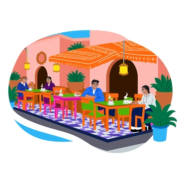 A quaint street cafe in Marrakech features vibrant tiled tables and colorful chairs arranged neatly outside. Patrons are seated, enjoying steaming cups of "mint tea" served in ornate glasses. A decorative canopy made of intricately patterned fabric provides shade, with warm sunlight filtering through it. The cafe is adorned with potted plants and hanging lanterns, creating a lively atmosphere. In the background, traditional Moroccan architecture adds to the charm of the scene.