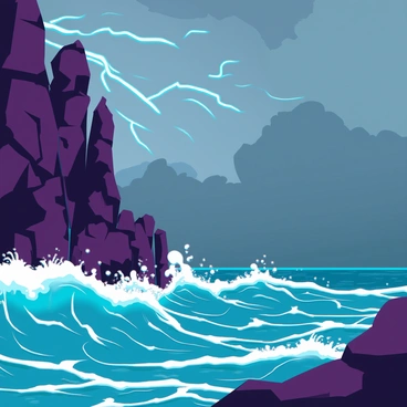 A turbulent sea with dark, towering waves crashing violently against rugged, jagged cliffs. The sky above is filled with ominous, swirling gray clouds, illuminated intermittently by flashes of lightning. The cliffs are wet from the sea spray, their rough surfaces contrasting sharply with the frothy white caps of the waves. In the distance, hints of a dark horizon are visible, creating an atmosphere of impending turmoil.