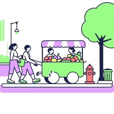 A fruit vendor cart is parked beside a fire hydrant on a busy sidewalk. The cart is filled with various fruits, including apples, bananas, and oranges, all neatly arranged. A few customers are browsing the selection, while others are walking by, creating a sense of activity. The fire hydrant is red and stands out against the surroundings. Nearby, a trash bin is visible, and the sidewalk is lined with trees that provide some shade. In the background, a small portion of a building can be seen, adding to the urban setting.