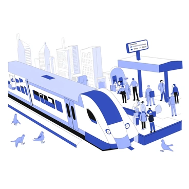 A sleek electric train is pulling into a bustling city station. The train features streamlined carriages with glossy surfaces and large windows. Passengers are visible through the windows, some seated and others preparing to disembark. The platform is crowded with people, including commuters and travelers with luggage. Various signs are displayed overhead, indicating train schedules and directions. In the background, tall buildings rise sharply against the sky, and a few trees are scattered along the station area. A few pigeons are seen pecking at the ground near the platform.
