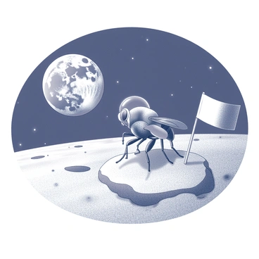 A tiny astronaut fly wearing a space helmet is landing on the surface of the moon. The fly's wings are outstretched, and it is perched next to a small flag that is planted firmly in the lunar soil. In the background, the Earth is visible, appearing as a distant sphere in the blackness of space. The moon's surface is textured with craters and fine dust, creating a realistic lunar landscape. The scene captures the moment of exploration with a focus on the fly and its tiny flag.