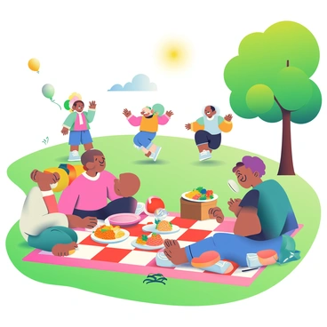 A grassy park with vibrant green trees provides the setting for a picnic. In the foreground, a large checkered blanket is spread out with various traditional dishes from different cultures laid out on it. A family with dark skin is enjoying a plate of curry and rice, while a family with light skin is sharing a colorful salad. Nearby, a family with South Asian heritage is passing around homemade sandwiches. Children of different ethnicities are playing with a frisbee in the background, laughing and running. A few balloons are tied to a tree, and a picnic basket filled with fruits is placed beside the blanket. The sun is shining brightly, casting lively shadows on the ground.
