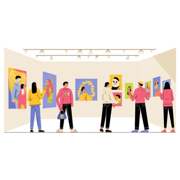 A vibrant art exhibit featuring a spacious gallery filled with a diverse range of artwork. People of different ages and backgrounds stand in front of various pieces, admiring the colorful paintings and sculptures. Some artworks are abstract with swirling patterns in bright colors, while others are realistic portraits with soft, detailed brushstrokes. The walls are painted in a subtle shade to enhance the visibility of the artwork. Spotlights illuminate each piece, creating a dynamic atmosphere as visitors discuss their impressions and experiences.