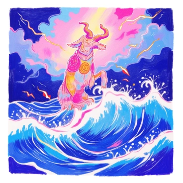 A figure of "Baphomet" is rising from the turbulent waves of a "stormy sea." The creature is depicted with a goat's head and human body, adorned with intricate symbols. Dark clouds fill the sky, and flashes of lightning illuminate the scene. The wild waves crash against the figure, creating splashes of white foam. The backdrop features a chaotic mix of deep blues and grays, emphasizing the stormy atmosphere.