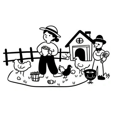 A cartoon girl with pigtails wearing a straw hat is kneeling on a grassy patch on a farm. She is holding a small bucket filled with feed while several chickens surround her, pecking at the ground. In her other hand, she has collected a few eggs, which are nestled in a basket next to her. There are a wooden barn and a fence in the background, and a scarecrow stands nearby. Sunlight is shining down, casting soft shadows on the ground.