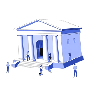 A grand central bank building stands tall, showcasing impressive architecture with large columns at the entrance. The facade features ornate details and large arched windows. People are entering and exiting through the wide double doors. Some individuals are dressed in formal business attire, while others carry briefcases or bags. A few people pause at the steps, engaged in conversation or looking at their phones. The scene conveys a sense of activity around the entrance of the building.