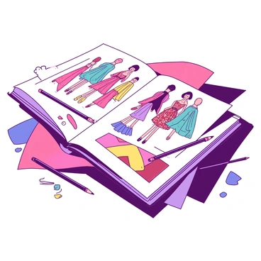 An open sketchbook filled with colorful fashion illustrations is placed at the center of the image. The illustrations depict stylish outfits with intricate designs and patterns. Surrounding the sketchbook are scattered pieces of fabric in vibrant shades, including swatches of silk and cotton. Various pencils, some sharp and others with erasers, are spread around the sketchbook, hinting at the creativity involved in the fashion design process. The scene is organized yet lively, capturing the essence of artistic exploration in fashion.
