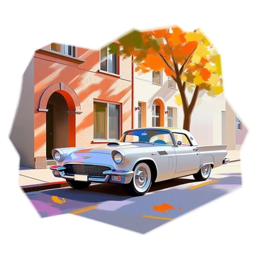 A vintage classic car with sleek lines and chrome detailing is parked on a quiet, tree-lined street. The car has a shiny, polished exterior and distinctive round headlights. Nearby, there are quaint brick buildings with detailed architectural features, including arched windows and wrought iron railings. The street is lined with tall trees, casting soft shadows on the pavement. A few scattered autumn leaves are visible on the ground, adding texture to the scene. The atmosphere is calm and serene, emphasizing the classic design of the car against the backdrop of the peaceful street.
