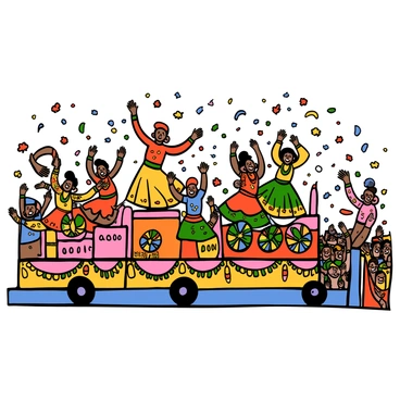 A colorful parade featuring multiple floats adorned with vibrant decorations. Each float is richly decorated with flowers and fabrics in various shades of red, blue, yellow, and green. Dancers of diverse backgrounds are performing energetically on the floats, their bodies covered in bright Holi colors. They wear traditional costumes that complement the vivid hues, with some having face paint in playful designs. The crowd along the parade route is cheering and celebrating, immersed in the festive atmosphere. Confetti and colored powders fill the air, creating a joyful and lively scene.