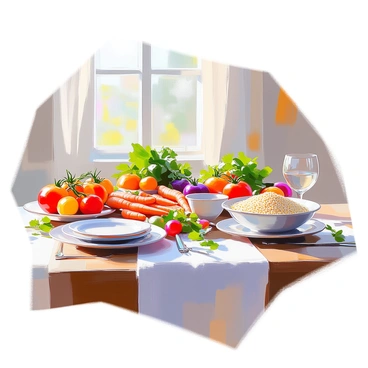 A wooden dining table is elegantly set with an array of dishes showcasing the genetic diversity of crops. Each dish features a different crop variety, highlighting the colors and shapes resulting from different alleles. There are vibrant heirloom tomatoes in shades of red, yellow, and green, arranged next to clusters of multicolored carrots, some orange, purple, and yellow. A bowl of quinoa is placed prominently, with its tiny, round grains glistening in the light. Surrounding the dishes are sprigs of fresh herbs like basil and cilantro, adding to the visual diversity. The table is adorned with a simple cloth, and sunlight filters through a nearby window, illuminating the scene.