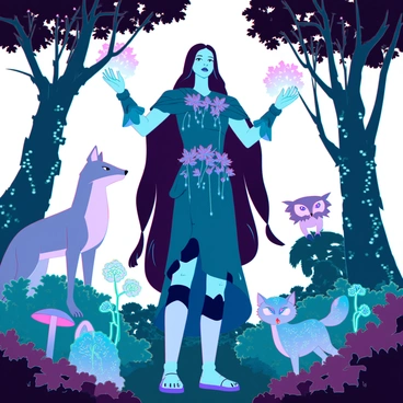 A tall druid with long, flowing hair, wearing an intricately woven cloak made of leaves and vines, stands confidently in a mystical forest. The druid's arms are raised, and their hands emit a soft, radiant glow. Surrounding them are various glowing plants, with luminescent flowers of different colors lighting up the underbrush. Ethereal animals, such as a shimmering fox and a luminous owl, can be seen nearby, gazing curiously at the druid. The trees in the forest have thick, gnarled trunks and are draped with bioluminescent moss, creating an enchanting atmosphere.