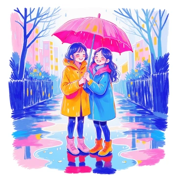 Two figures are standing close together under a large, round umbrella. One figure is wearing a yellow raincoat, while the other is dressed in a blue jacket. They both have their heads tilted back, laughing joyfully, with water droplets falling around them. The ground is covered with puddles reflecting their cheerful expressions. In the background, grey clouds fill the sky, adding to the atmosphere of rain, while faint outlines of trees and buildings are visible.