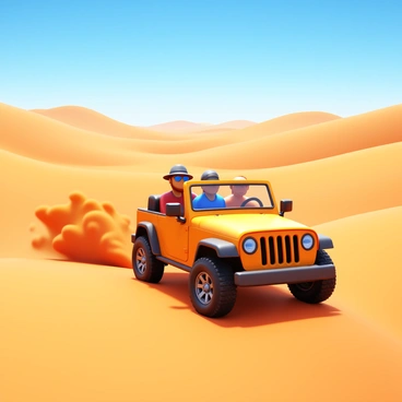 A rugged jeep driving through vast desert dunes. Tourists inside the jeep are wearing sunglasses and hats, enjoying the thrill of the ride. The dunes are shaped by the wind, creating smooth curves and peaks under a clear blue sky. Sand is being kicked up by the tires, adding a dynamic feeling to the scene. In the background, distant hills can be seen, adding depth to the expansive desert landscape.