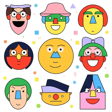 A vibrant illustration with several faces created from various geometric shapes. Each face has distinct characteristics made up of colorful triangles, circles, and squares. Some faces have large, expressive eyes made from circles, while others feature angular eyebrows and smiling mouths formed from curved lines. The background is filled with a playful arrangement of smaller geometric shapes in different colors, enhancing the overall lively feel of the image. Each face is unique, showcasing different emotions like joy, surprise, and curiosity.
