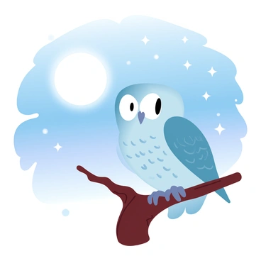 An owl with intricate feather patterns is perched on a gnarled branch. The owl's wings are slightly spread as if ready to take flight. Above, a large glowing full moon casts a soft light in the night sky. The sky is filled with numerous stars, twinkling against a deep blue backdrop. The moonlight gently illuminates the owl, highlighting its majestic presence in the serene night.