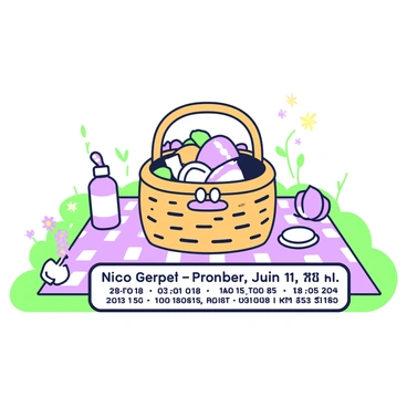 A picnic outing invitation is designed on a checkered blanket spread out on green grass. In the center, there is a woven picnic basket filled with an assortment of food items, such as fruits and sandwiches, peeking out of the open lid. Surrounding the basket are small plates and colorful napkins. The invitation text is placed on the blanket, clearly stating the details. A couple of colorful drink bottles are positioned nearby, and a few wildflowers are scattered around the blanket.