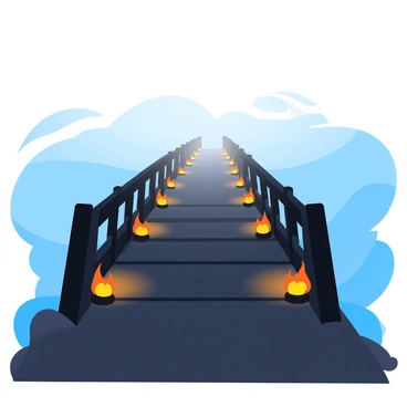 A mysterious bridge disappearing into a foggy horizon, lit by flickering firelight