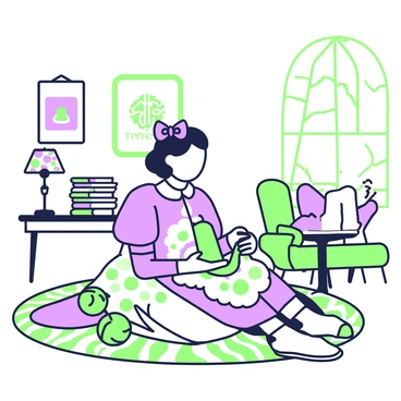 A girl is sitting on a patterned rug in a retro-style room. She is dressed in vintage clothing, featuring a floral dress with puffed sleeves and a high neckline. Her hair is styled in soft waves, adorned with a ribbon. She is focused on crocheting with a green yarn ball beside her. In the background, there is a small wooden coffee table with a stack of colorful magazines and an old-fashioned lamp with a patterned shade. The walls are decorated with framed pictures in ornate frames, and a large window lets in light, highlighting the cozy atmosphere.