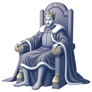 A medieval king is sitting on a grand, intricately carved throne made of dark wood. He is adorned in a luxurious velvet mantle that drapes elegantly over his shoulders, showcasing fine detailing along the edges. His regal crown rests upon his head, featuring ornate embellishments. The throne is positioned against a backdrop of heavy tapestries that depict historical battles. The king's expression is stern, reflecting his authority and wisdom, while his hands rest on the armrests of the throne. There are golden accents on the throne, highlighting its opulence and grandeur.