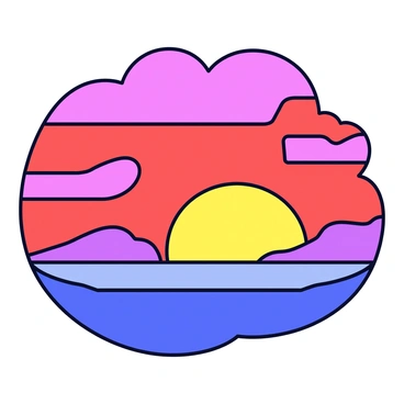 A sunset featuring vibrant colors of red, orange, and purple blending together. The sky is filled with unique cloud formations, shaped in whimsical patterns that stretch across the horizon. The sun is partially hidden behind the clouds, casting a warm glow over the scene. The landscape below is silhouetted against the colorful sky, providing a stark contrast to the brightness above.