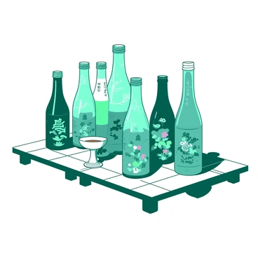 A teal collection of sake bottles is displayed on a white wooden table. Each bottle features a distinct and intricate design, showcasing various patterns and textures. The labels on the bottles are adorned with different colors and artistic elements, adding to the uniqueness of each one. Some bottles have elegant floral motifs, while others present abstract shapes and vivid colors. The lighting casts soft reflections on the glass surfaces, emphasizing the craftsmanship and detail of the bottles.