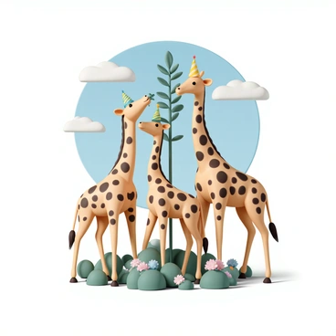 A group of three giraffes standing together, each wearing colorful birthday hats. The first giraffe has a light brown coat with dark spots, while the second has a slightly darker coat with more pronounced patches. The third giraffe is reaching up to munch on a leafy treat from a tall branch. They are surrounded by lush green foliage and colorful flowers at their feet. The sky above is bright blue with a few fluffy white clouds scattered across it, creating a cheerful atmosphere. Sunlight casts soft shadows on the ground, highlighting the giraffes' unique features.