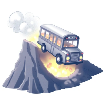 A bus resembling a school bus, designed with whimsical features, is descending into a volcano. The volcano has a rugged, jagged exterior with dark, rocky textures. The bus is surrounded by swirling smoke and steam as it approaches the glowing core, where molten lava can be seen radiating bright light. The interior of the volcano is illuminated, reflecting the intense heat and energy of the lava below. The scene captures the dynamic movement of the bus as it navigates the steep walls of the volcanic crater.