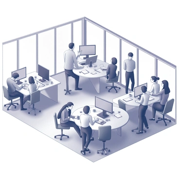 An office space bustling with activity. There are several young professionals engaged in various work tasks. Some are seated at desks with sleek, modern computers featuring large screens and various futuristic gadgets scattered across the surfaces. A group of individuals is having a discussion around a round table, with digital tablets and interactive displays present. The atmosphere is lively, with people walking between workstations and collaborating on projects. Large windows allow natural light to fill the room, accentuating the modern design elements of the office.