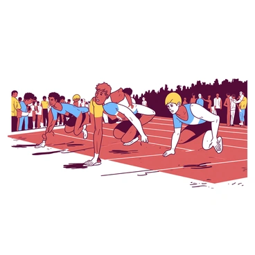 A group of athletes is positioned at the starting line, each crouching low in their own lane. The athletes are wearing vibrant uniforms in various colors, with determined expressions on their faces. Some are flexing their muscles, ready to spring into action, while others are focused, eyes fixed ahead. The track is marked with white lines and the ground appears slightly dusty from previous races. In the background, spectators are gathering, their silhouettes visible as they prepare to cheer. The tension in the air is palpable, as they all await the sound of the gun to signal the start of the race.