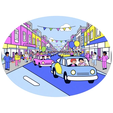 A festive parade featuring a line of decorated cars driving through a lively downtown area. Each car is adorned with bright colors, balloons, and streamers. The streets are bustling with cheerful onlookers who are clapping and waving. Colorful banners hang from buildings lining the street, and there are shop windows displaying festive decorations. The sky is clear, creating a vibrant atmosphere for the event.