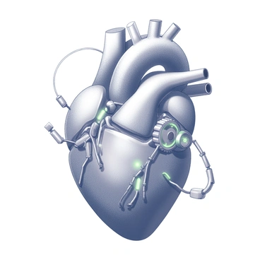 An illustration of a cybernetic heart featuring a computerized aorta