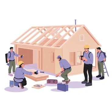 A half-built house with a contractor and crew working diligently