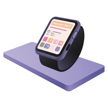 A digital flat illustration featuring a smartwatch positioned on a flat surface. The smartwatch has a sleek, modern design with a black strap and a rectangular screen. On the screen, there is a bright, eye-catching alert notification that reads "Financial Alert" in bold white text. Below the notification, there are colorful graphs and numbers, indicating stock prices or financial statistics. The background is a subtle gradient of light gray to white, emphasizing the smartwatch as the focal point of the image.
