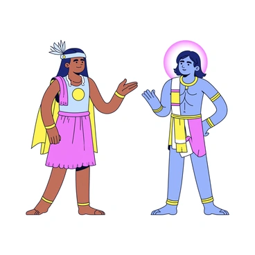 A figure representing Ashwatthama stands with a remorseful expression on his face. His long hair flows down his back, and he wears traditional warrior attire, which includes a decorated chest plate and a dhoti. Krishna is depicted nearby, with a calm and serious demeanor, gesturing towards Ashwatthama. A faint aura surrounds Krishna, emphasizing his divine presence. The background features soft, muted colors to maintain focus on the two figures and their emotional exchange.